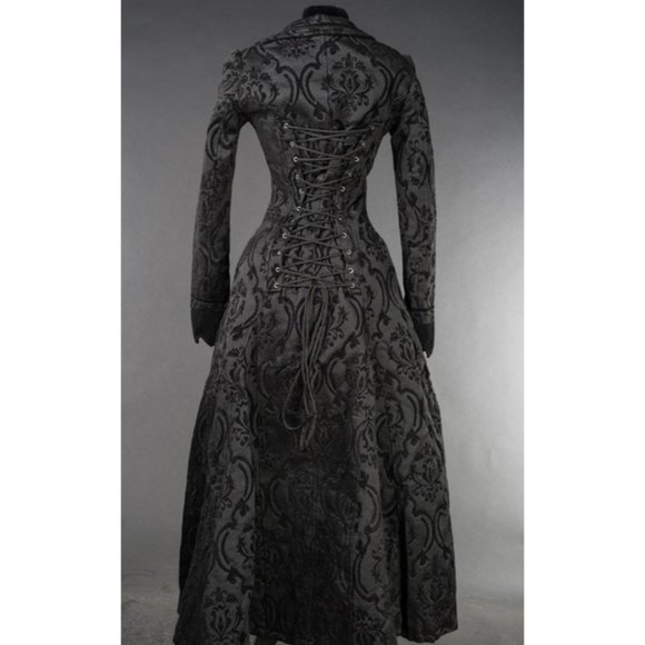 New Brocade Full Length Pocket Frog Clasp Velvet Cuff Coat Black - Picture 5 of 7